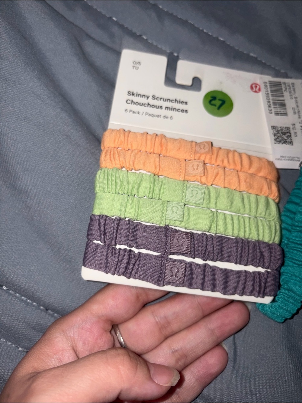 lululemon athletica Skinny Scrunchies Pack in Peach, Light Green, Purple & Teal - Picture 3 of 3